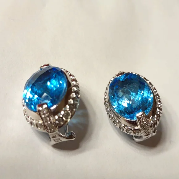 Hold For Sara- Blue Topaz earrings 14kt white gold, channel set diamonds, French - Picture 3 of 9